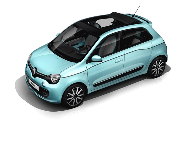 Renault Twingo cabrio azzurra con tetto in tela apribile