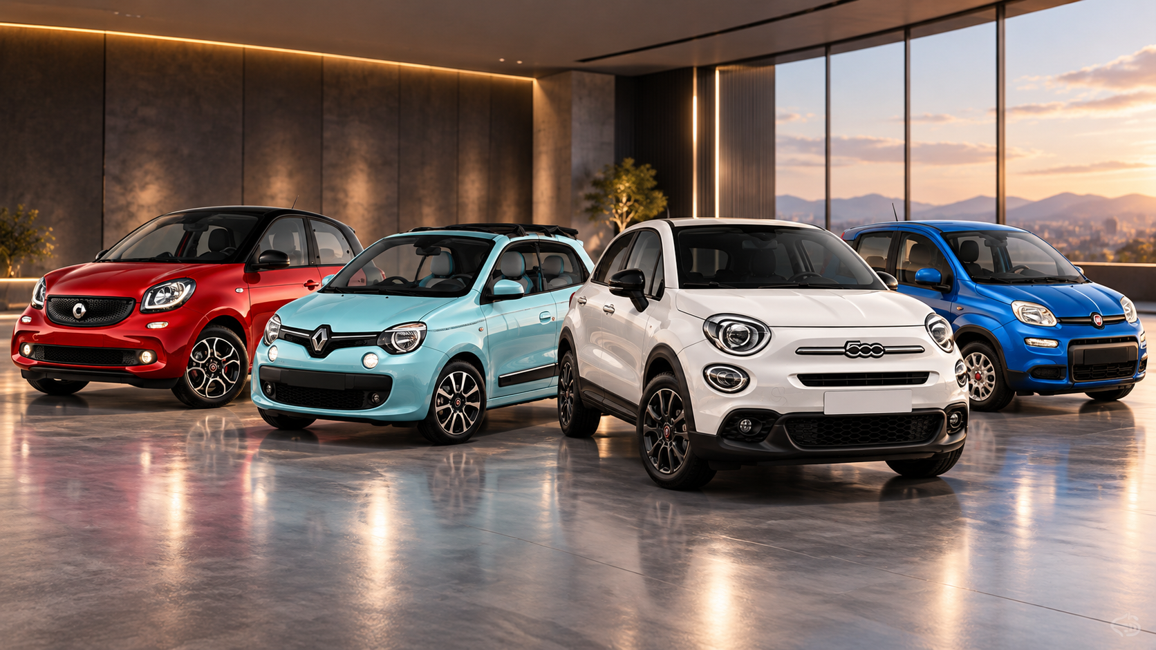 Composizione illustrativa di quattro modelli del parco auto: Smart Forfour rossa, Renault Twingo cabrio azzurra, Fiat 500X bianca e Fiat Panda blu